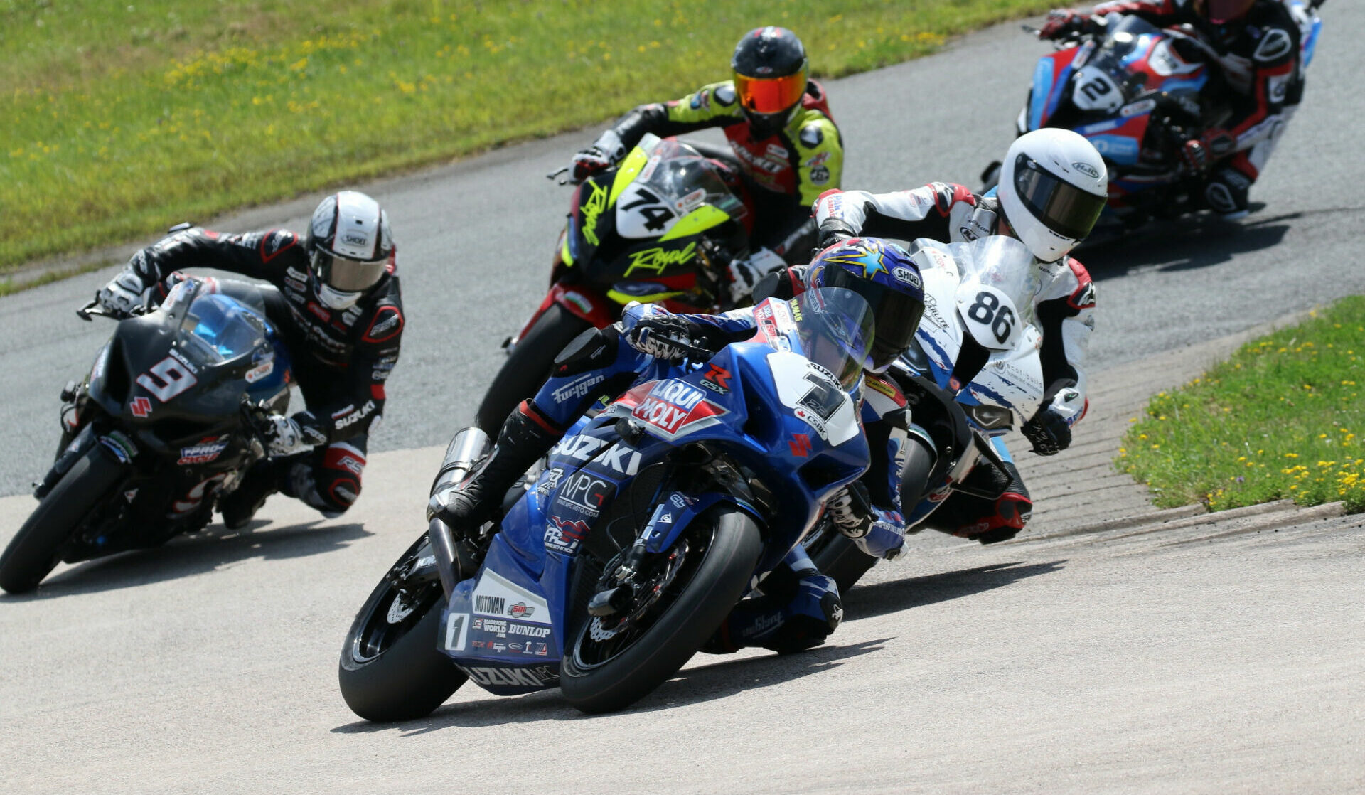2021 Canadian Superbike Champion Alex Dumas (1) leads eventual 2022 Champion Ben Young (86), Trevor Daley (9), Michael Leon (74), and Samuel Guerin (2) at Atlantic Motorsport Park in 2022. Photo by Rob O'Brien, courtesy CSBK.