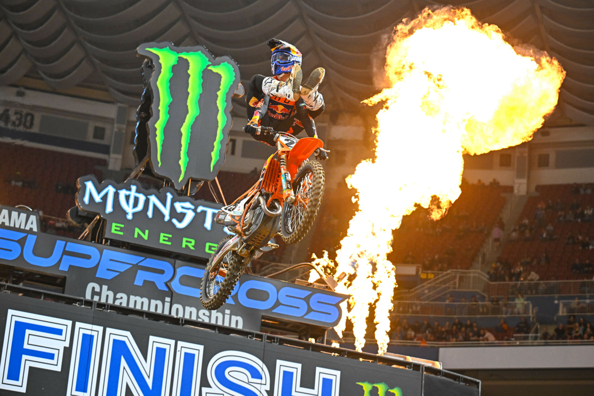 Red Bull KTM Factory Racing’s Marvin Musquin (25) celebrating his Supercross race victory in St. Louis earlier in 2022. Photo by Align Media, courtesy KTM North America.