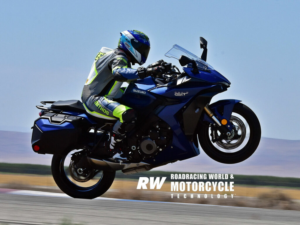 Racer Jeremy Toye and the Suzuki GSX-S1000GT+ on track at Buttonwillow Raceway Park. Photo by Michael Gougis.