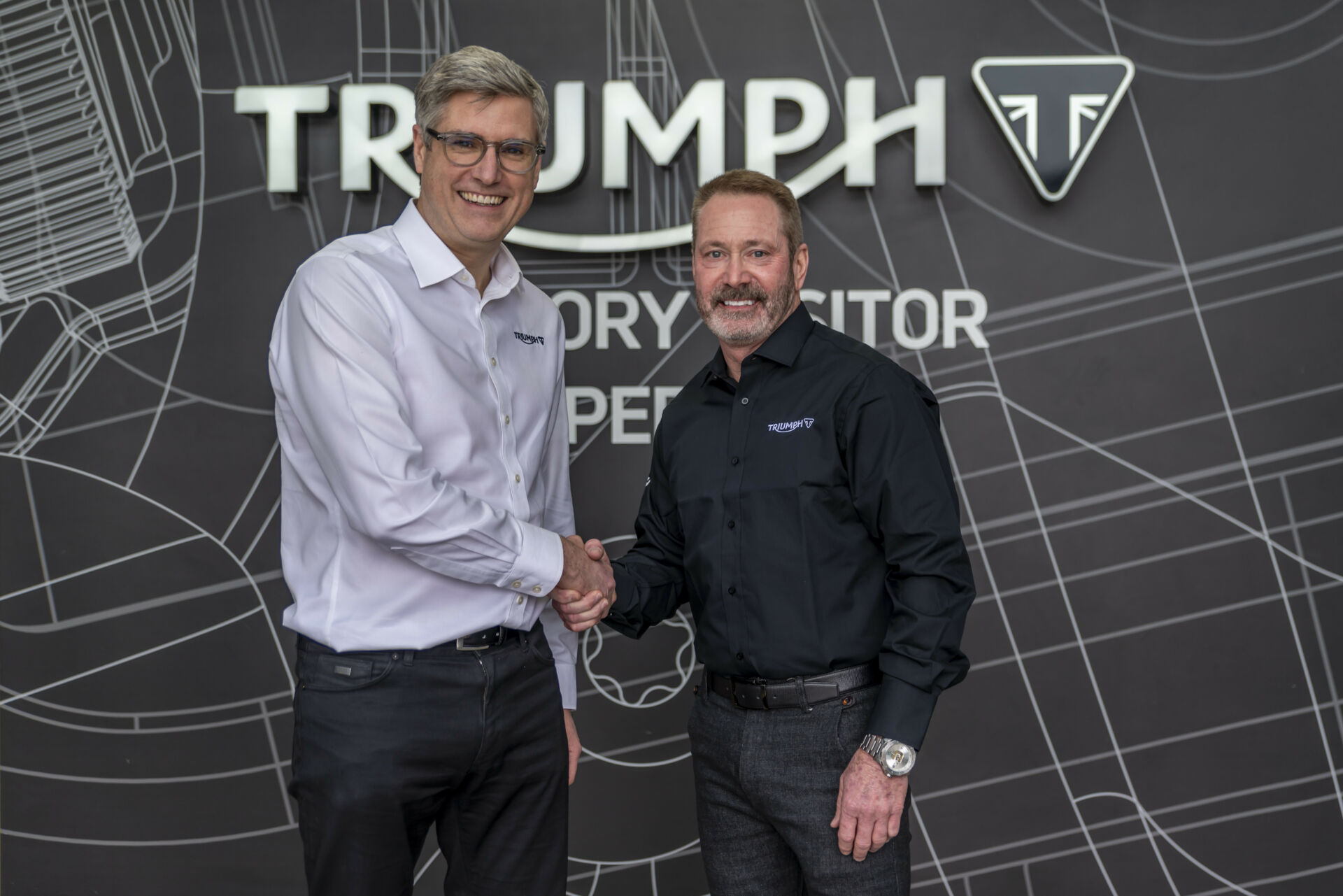 Triumph CEO Nick Bloor (left) and Bobby Hewitt, Team Principal, Triumph Racing, Supercross & Motocross (right). Photo courtesy Triumph Motorcycles.