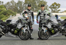 Jonathan Rea (left) and Alex Lowes (right) with their Kawasaki Ninja ZX-10RR Superbikes in their winter test liveries. Photo courtesy Kawasaki.