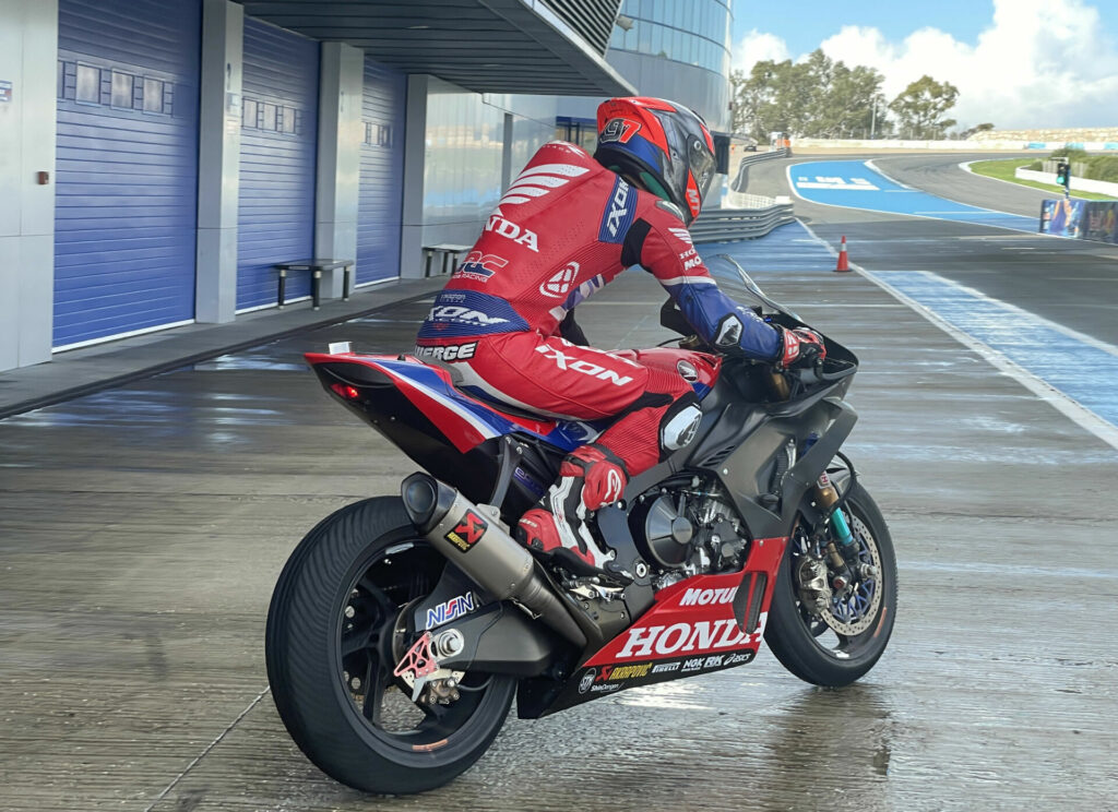 Xavi Vierge (97) heads out on track in the wet at Jerez. Photo courtesy Team HRC.