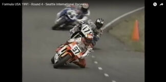 Rich Oliver (97), riding a Team Roberts Marlboro Yamaha YZR500, leads a Formula USA race at Seattle International Raceway in 1991. Image courtesy California Superbike School.