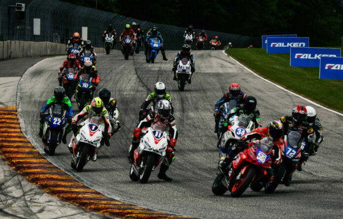 2022 MotoAmerica Rev it Twins Cup lap 1 Road America Elkhart Lake by Sara Chapell Piaggio Group Action from a MotoAmerica Twins Cup race at Road America in 2022. Photo by Sara Chappell Photos, courtesy CSBK.