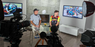 TSN Studio action, as host Frank Wood and Liqui Moly Pro Sport Bike class color commentator and Bridgestone Pro Superbike front runner Michael Leon prepare for a recording session. Photo by Colin Fraser, courtesy CSBK/PMP.