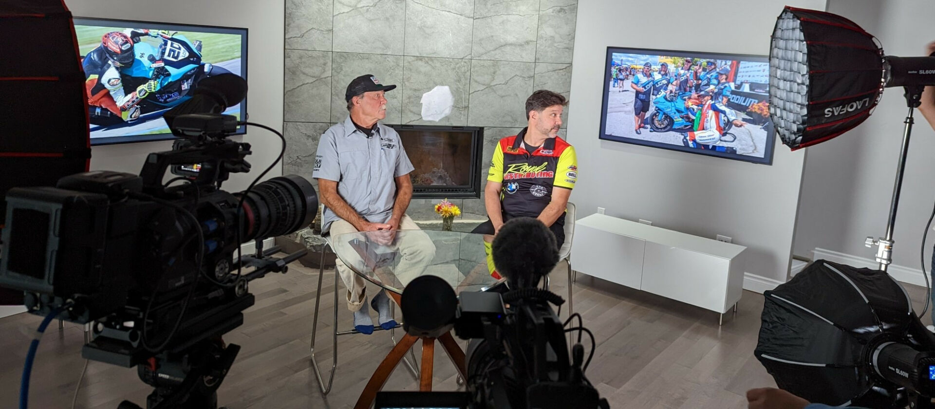 TSN Studio action, as host Frank Wood and Liqui Moly Pro Sport Bike class color commentator and Bridgestone Pro Superbike front runner Michael Leon prepare for a recording session. Photo by Colin Fraser, courtesy CSBK/PMP.