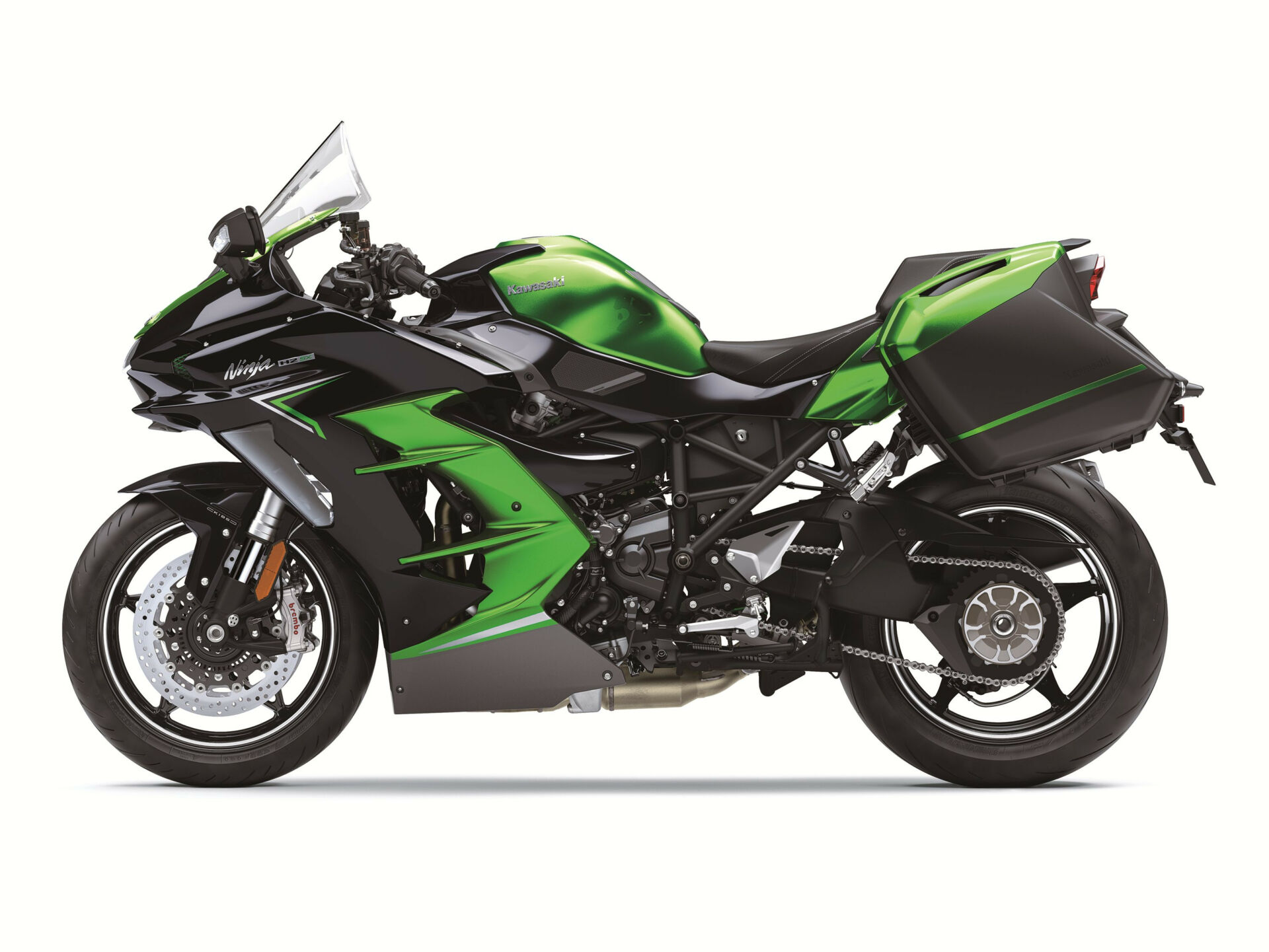 The left profile view of a the 2023 Kawasaki Ninja H2 SX SE. Photo courtesy Kawasaki.