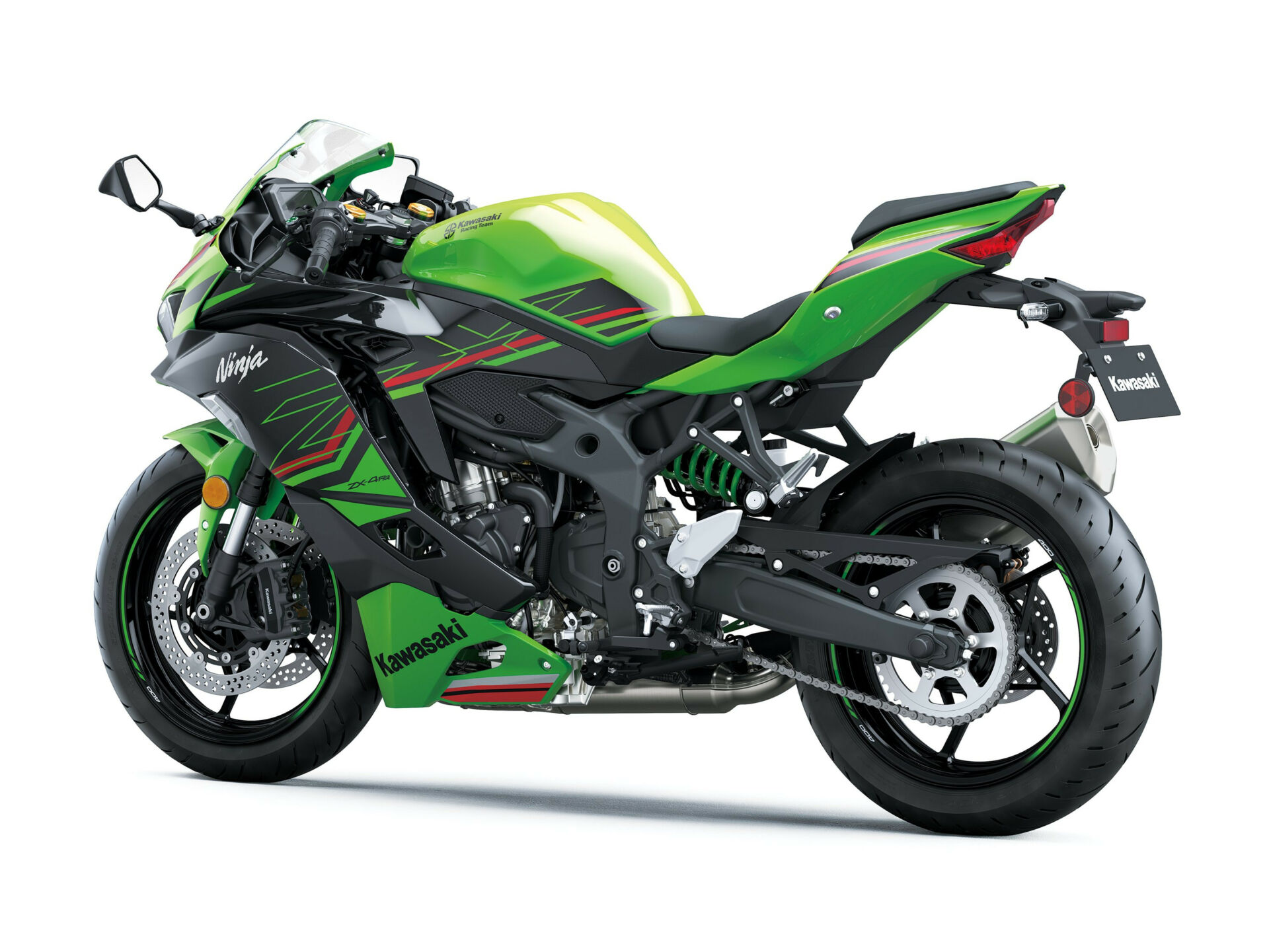 The left side of a 2023 Kawasaki Ninja ZX-4RR KRT Edition. Photo courtesy Kawasaki.