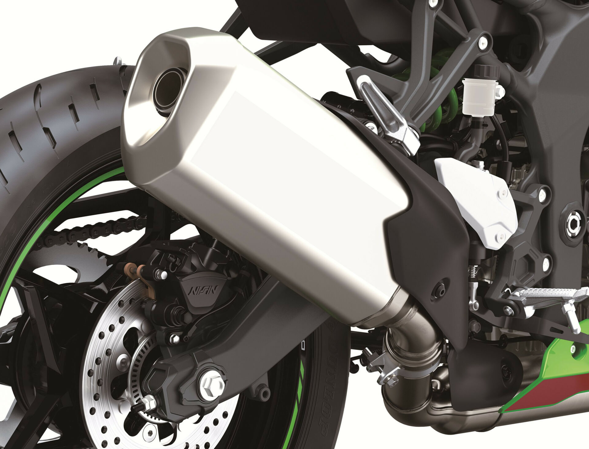 Kawasaki designed the exhaust system on the Ninja ZX-4RR so it is easy to add an aftermarket exhaust silencer. Photo courtesy Kawasaki.