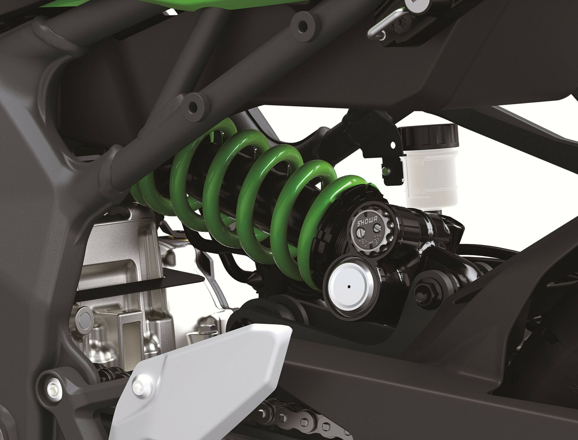 A Showa BFRC (Balance Free Rear Cushion) Lite shock on the back of a Kawasaki Ninja ZX-4RR. Photo courtesy Kawasaki.