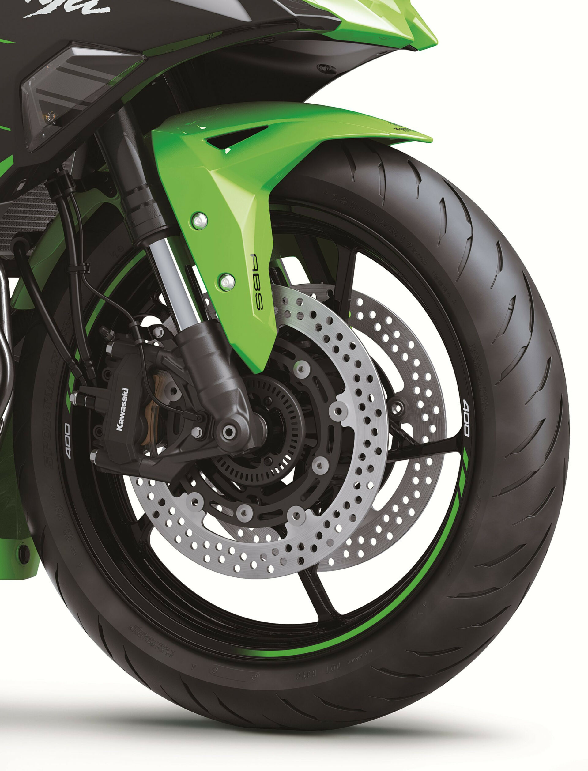 The Kawasaki Ninja ZX-4RR is slowed by dual 290mm front discs and radial-mount four-piston monoblock front brake calipers. Photo courtesy Kawasaki.