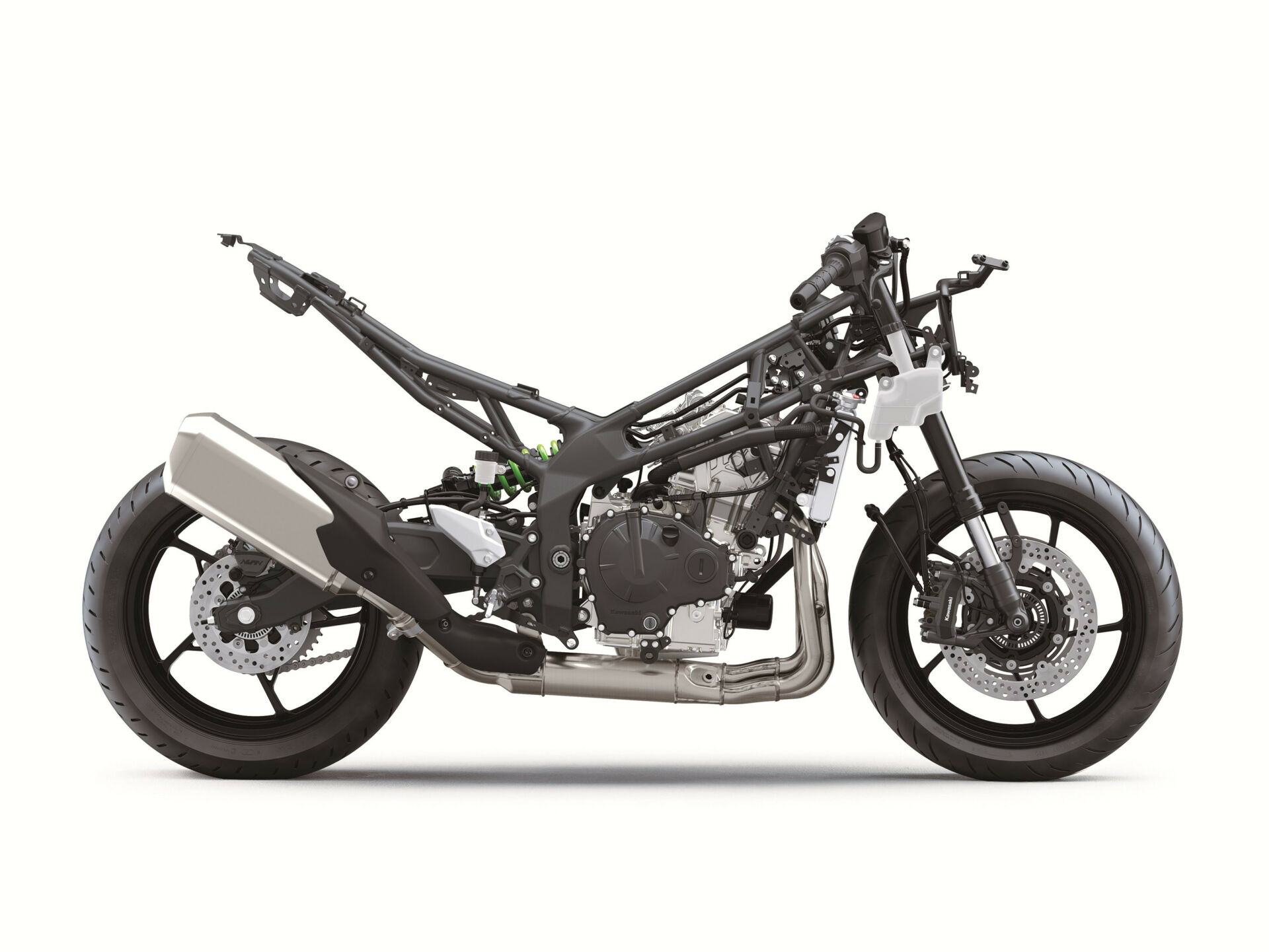 A Kawasaki Ninja ZX-4RR stripped of its bodywork to show off its tubular steel trellis-style frame. Photo courtesy Kawasaki.