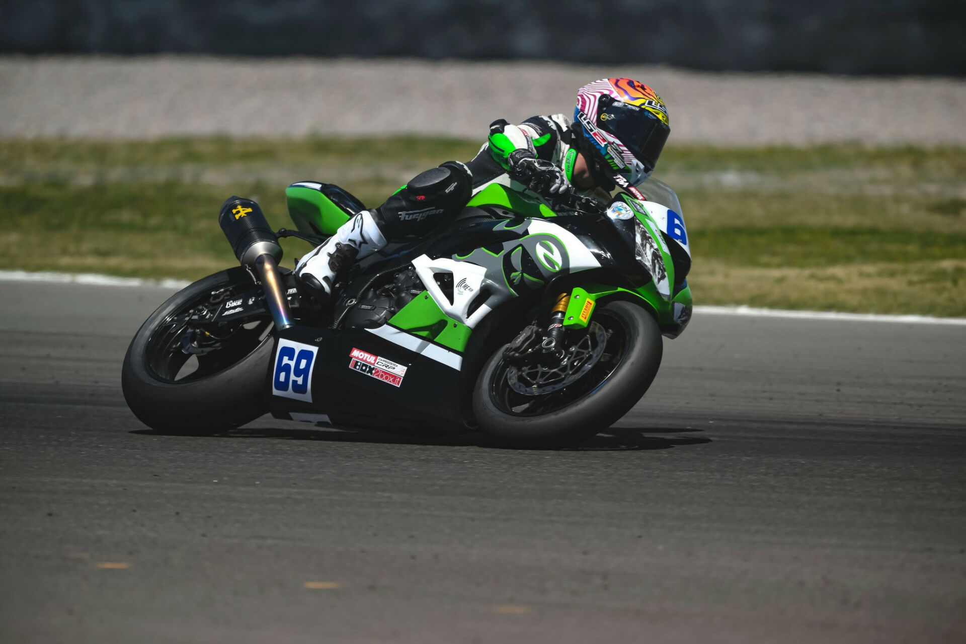 Tom Booth-Amos (69) at speed on a Motozoo Racing Kawasaki at Mandalika International Street Circuit in 2022. Photo courtesy Motozoo Racing.