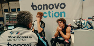 American Garrett Gerloff (right) talks to his Crew Chief Leslie Pearson (left) while Data Technician Andy Leivers (center) listens in. Photo courtesy Garrett Gerloff Racing.
