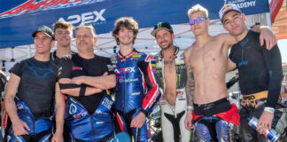 American Racing Team's (from left) Sean Dylan Kelly, Max Toth, Eitan Butbul, Rory Skinner, and John Hopkins with 2021 MotoGP World Champion Fabio Quartararo and Moto2 World Championship rider Tony Arbolino. Photo courtesy American Racing Team.