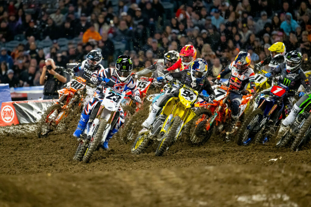 Chase Sexton (23) earned his second Monster Energy AMA Supercross victory in a thrilling Triple Crown event that will be re-watched for years. Photo courtesy Feld Motor Sports, Inc. 