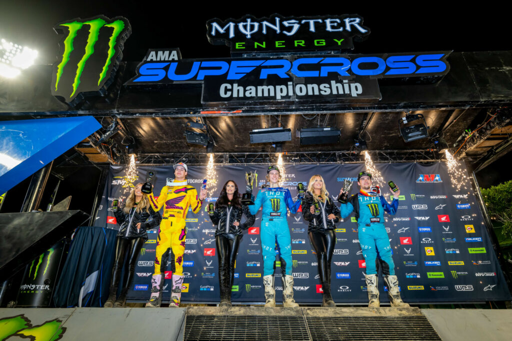 250SX Class podium (riders left to right) Jett Lawrence, Levi Kitchen, and Stilez Robertson. Photo courtesy Feld Motor Sports, Inc.