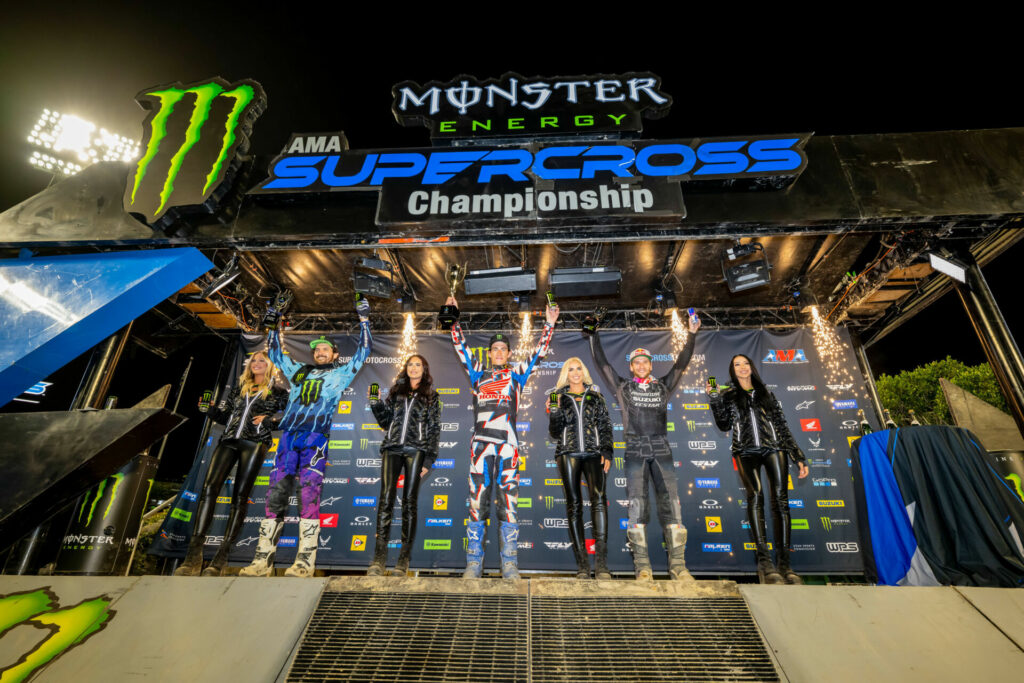 450SX Class podium (riders left to right) Jason Anderson, Chase Sexton, and Ken Roczen. Photo courtesy Feld Motor Sports, Inc.