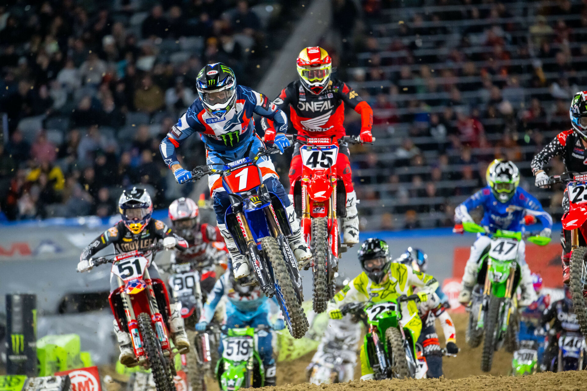 Eli Tomac (1) leads the 450SX Supercross race January 21 at Snapdragon Stadium in San Diego, California. Photo courtesy Feld Motor Sports, Inc.