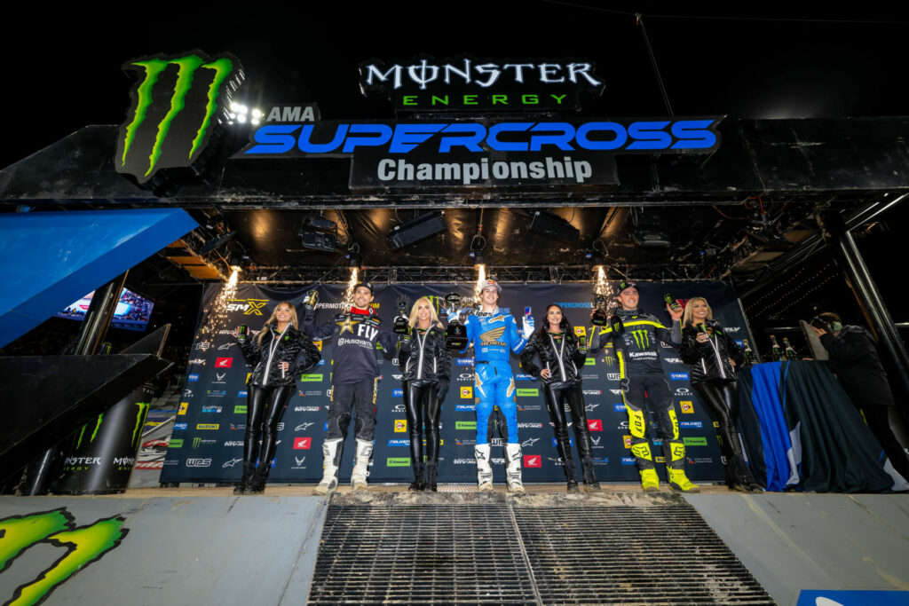 250SX Class podium (riders left to right) RJ Hampshire, Jett Lawrence, and Cameron McAdoo. Photo courtesy Feld Motor Sports, Inc.