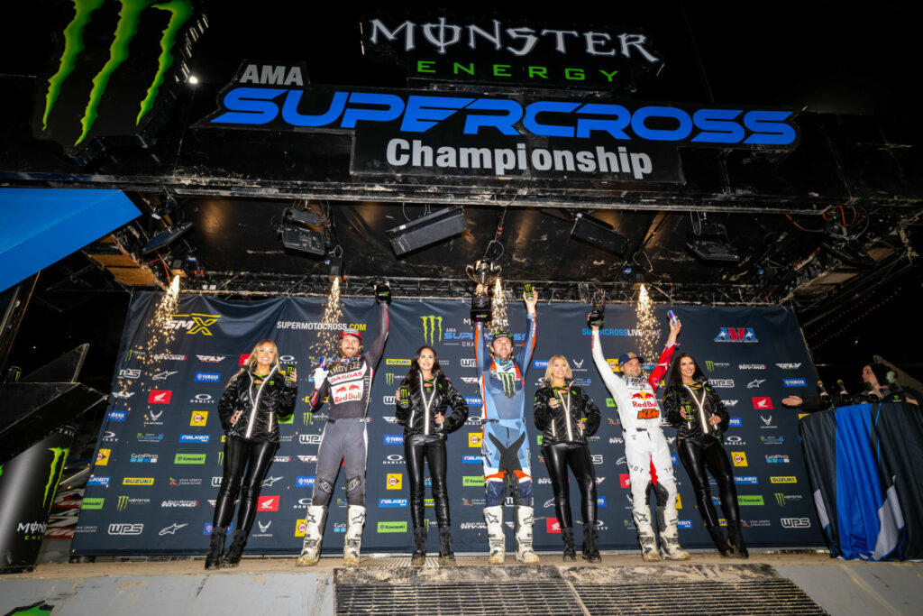 450SX Class podium (riders left to right) Justin Barcia, Eli Tomac, and Cooper Webb. Photo courtesy Feld Motor Sports, Inc.