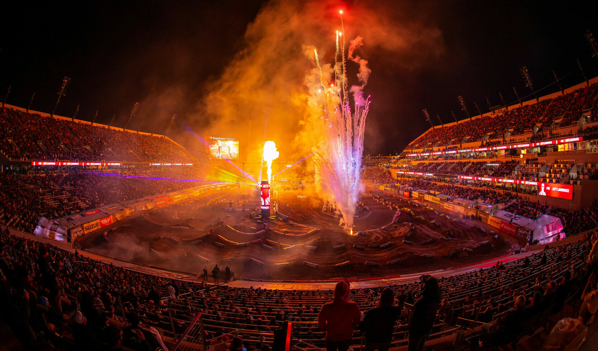 Opening Ceremonies for the Inaugural Supercross at Snapdragon Stadium, Marking 40 Years of Racing in San Diego After Visiting Jack Murphy Stadium/Qualcomm Stadium and Petco Park. Photo courtesy Feld Motor Sports, Inc.