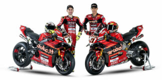 2022 Superbike World Champion Alvaro Bautista (left) and teammate Michael Rinaldi (right) with their Ducati Panigale V4 R Superbikes. Photo courtesy Ducati.