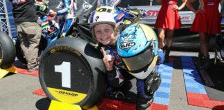 Kayla Yaakov, after winning MotoAmerica Junior Cup Race Two at Ridge Motorsports Park in 2022. Photo by Brian J. Nelson.