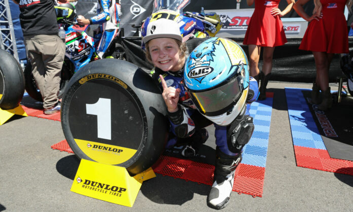BJN24385_P Kayla Yaakov, after winning MotoAmerica Junior Cup Race Two at Ridge Motorsports Park in 2022. Photo by Brian J. Nelson.