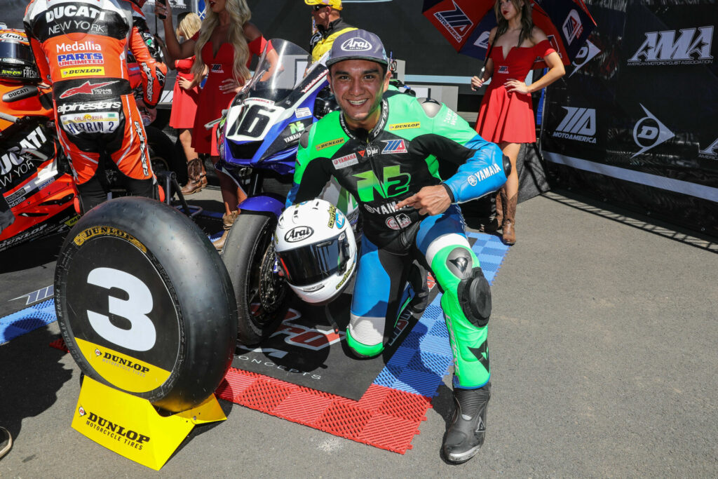 Kevin Olmedo (16) after finishing third in MotoAmerica Supersport Race Two at Ridge Motorsports Park in 2022. Photo by Brian J. Nelson.