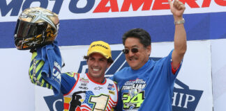 Don Sakakura (right) with Toni Elias (left) at New Jersey Motorsports Park after Elias won the 2017 MotoAmerica Superbike Championship. Photo by Brian J. Nelson.