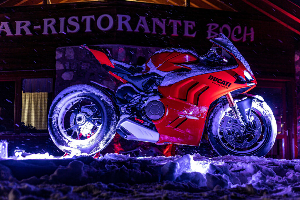 A Ducati Panigale V4 S streetbike on display in the snow. Photo courtesy Ducati.