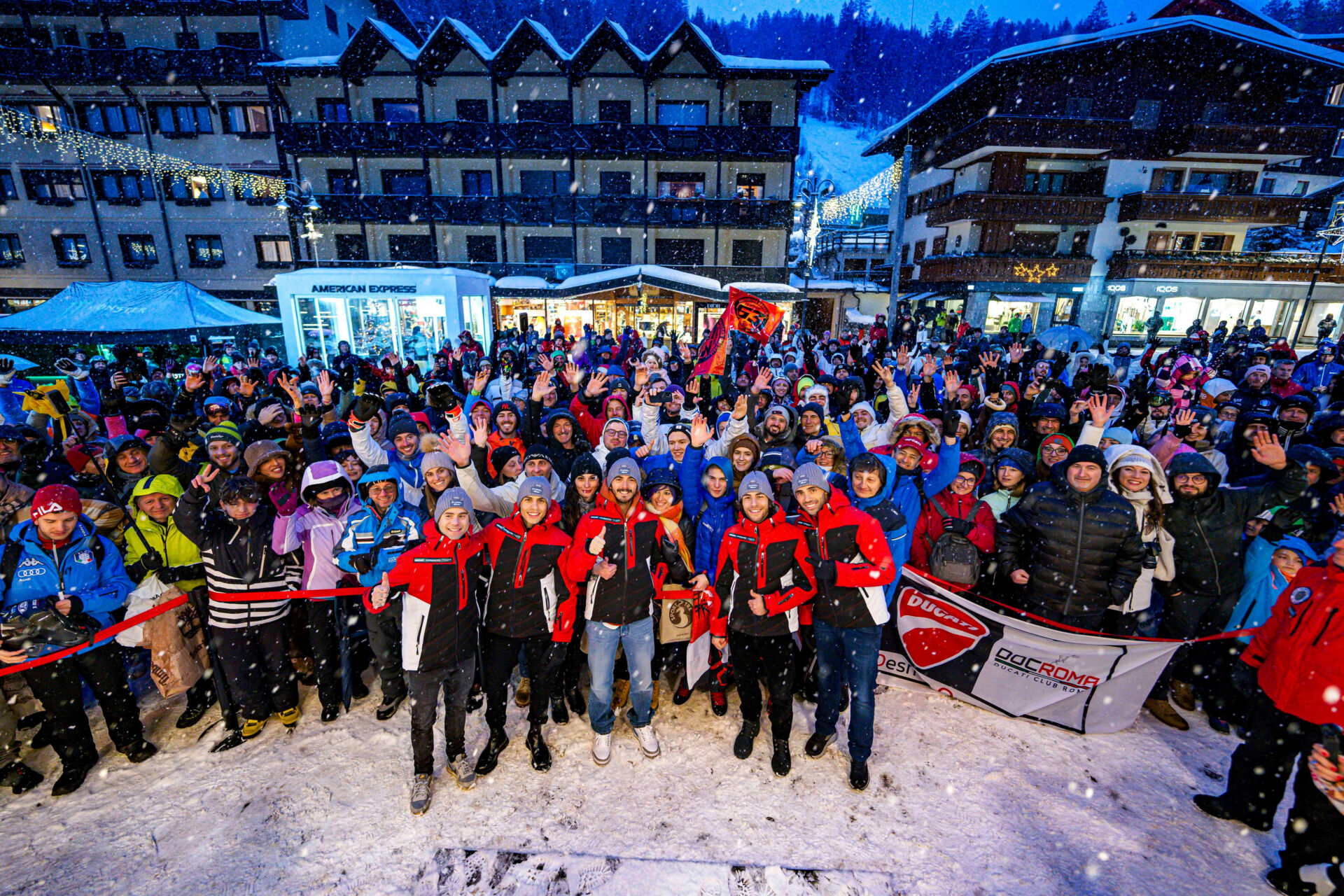 (From left) Alvaro Bautista, Michael Rinaldi, Francesco Bagnaia, Enea Bastianini, and Michele Pirro with fans in Madonna di Campiglio. Photo courtesy Ducati.