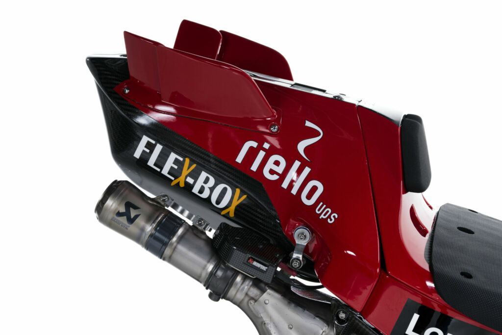 The tail of a factory Ducati Desmosedici GP23 fitted with vertical aerodynamic winglets and an electronic valve visible on top of the Akrapovic tailpipe. Photo courtesy Ducati.