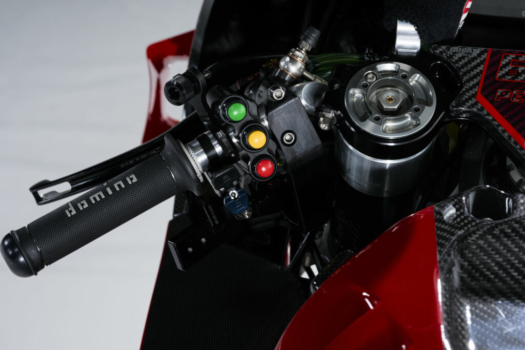 The buttons on the left handlebar of a factory Ducati Desmosedici GP23 including lock/unlock buttons that are probably related to the holeshot device. Photo courtesy Ducati.