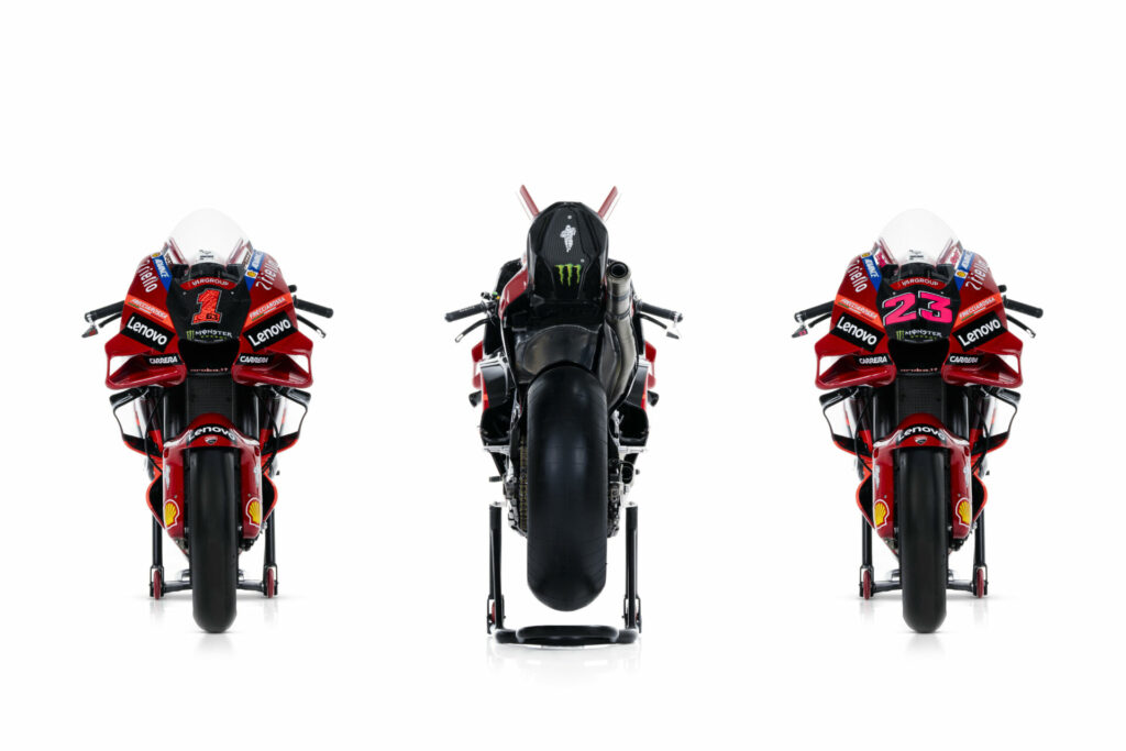 The front and rear views of the factory Ducati Desmosedici GP23s. Photo courtesy Ducati.