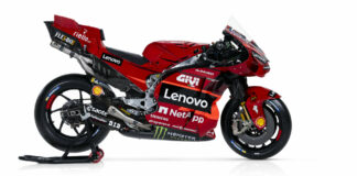The right profile view of Francesco Bagnaia's Ducati Desmosedici GP23. Photo courtesy Ducati.