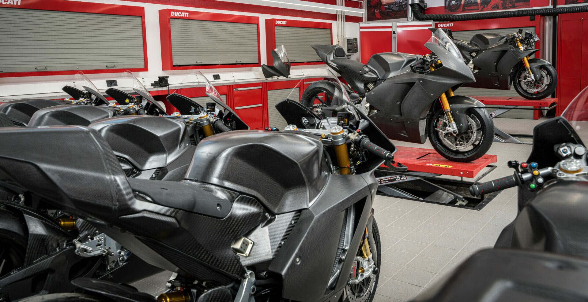 Ducati V21L MotoE electric racebikes in production at the Ducati factory in Italy. Photo courtesy Ducati.