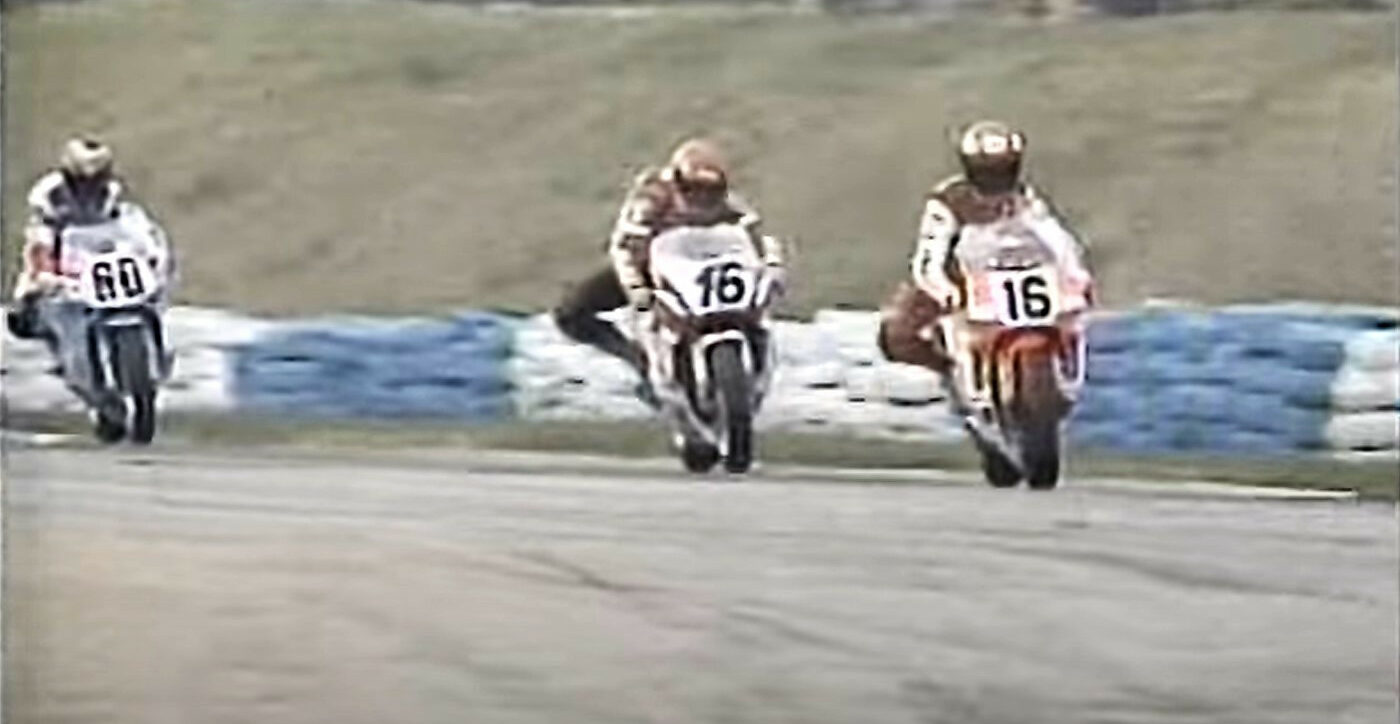 Robbie Petersen (16) on a Yamaha YZR500 leads Top Kipp (16) on a Yamaha OW01 fitted with a FZR1000 engine and Kurt Hall (60) riding a methanol-burning Suzuki GSX-R1100 during a Formula USA race at Road Atlanta in 1991.