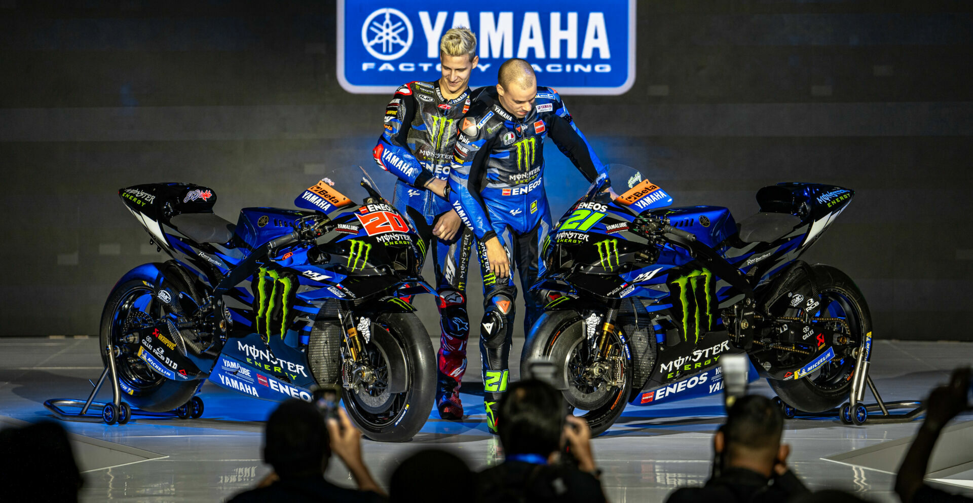 Fabio Quartararo (left) and Franco Morbidelli (right) unveil their 2023 Monster Energy Yamaha YZR-M1s in Jakarta. Photo courtesy Monster Energy Yamaha.