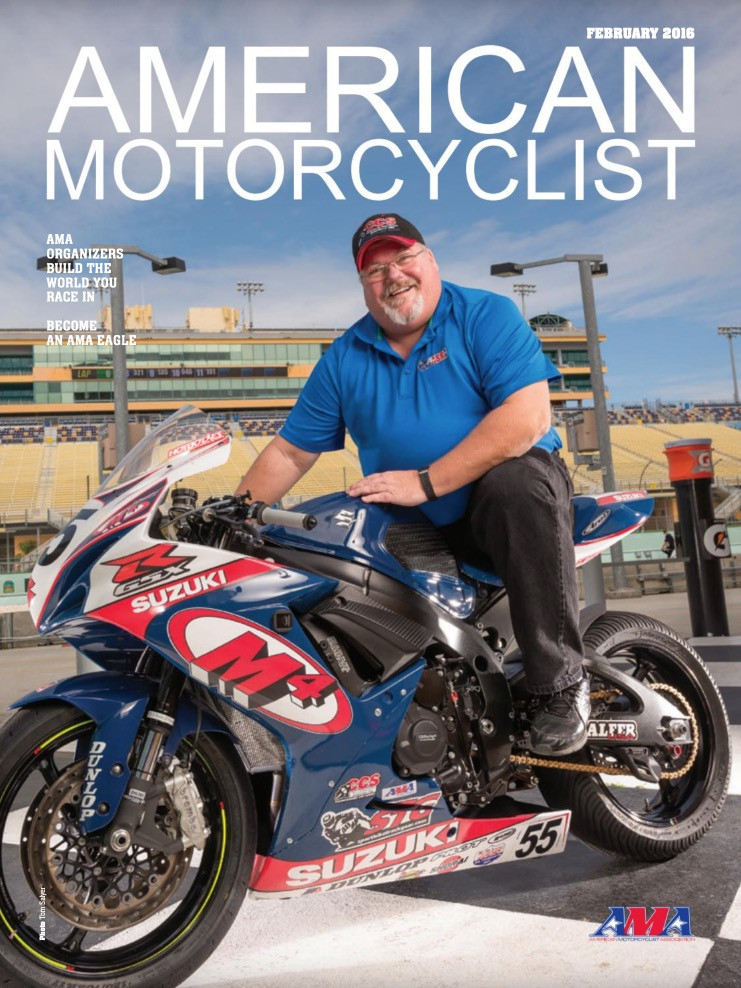 Kevin Elliott on the cover of the February 2016 issue of American Motorcyclist magazine, the official magazine of AMA. Photo used with permission of AMA.