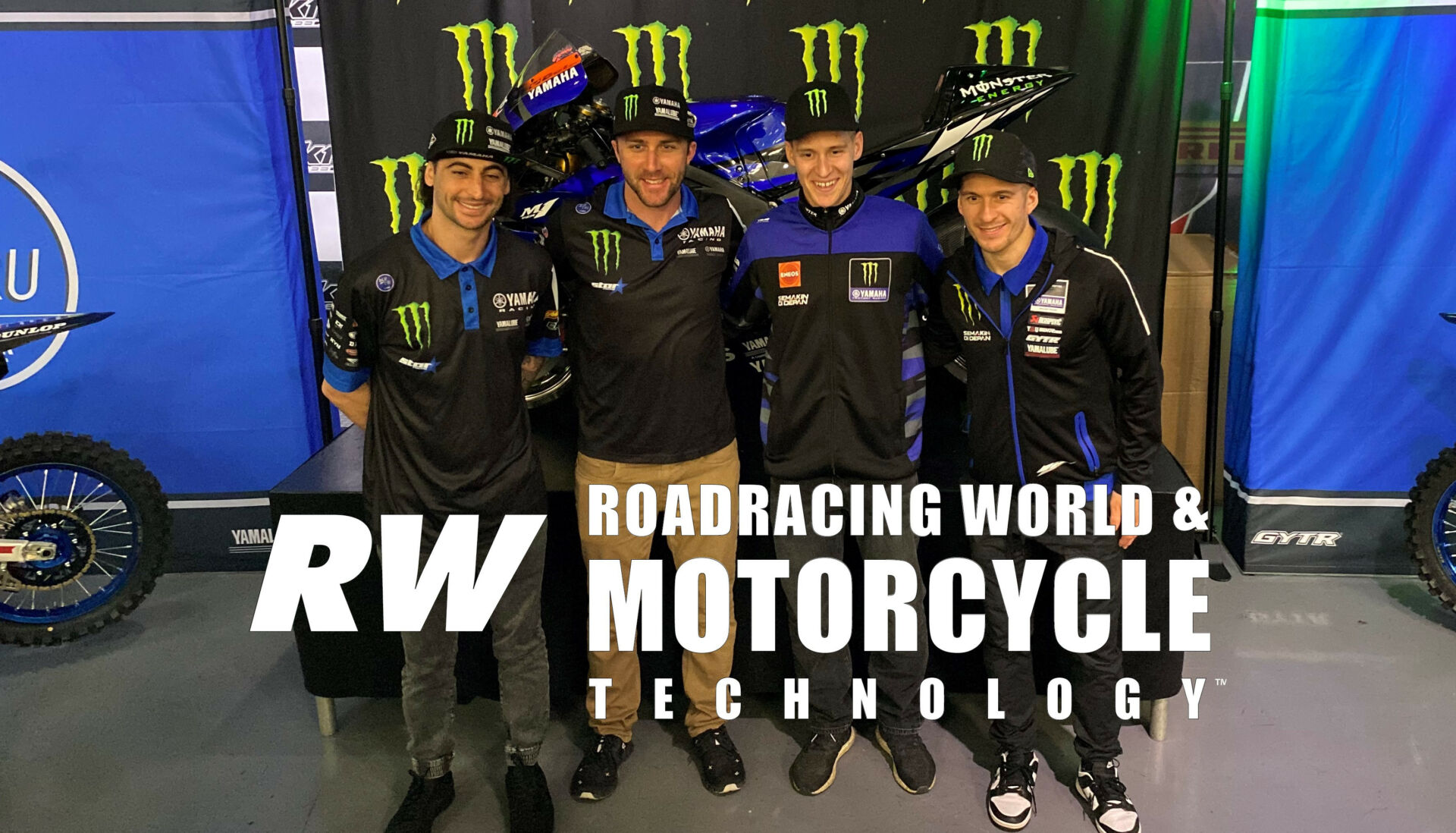 (From left) Monster Energy Yamaha Star Racing’s Dylan Ferrandis and Eli Tomac, Monster Energy Yamaha MotoGP rider Fabio Quartararo, and Monster Energy Yamaha FIM Motocross World Championship rider Jeremy Seewer at the Monster Energy/Yamaha Racing media event Friday in San Diego, CA. Photo by David Swarts.