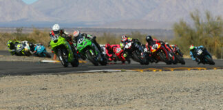 David Kohlstaedt (29x), Brenden Ketelsen (441), Michael Gilbert (1), Jeffrey Tigert (911), Deion Campbell (194), Joel Ohman (92), and the rest of the field early in the Supersport Middleweight Shootout. Photo by CaliPhotography.com, courtesy CVMA.