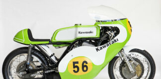 A vintage Kawasaki road racer that was featured at the 2022 Riding Into History event. Photo by Dohms Creative Photography, courtesy Riding Into History.