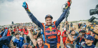 Kevin Benavides and his crew celebrate winning the 2023 Dakar Rally. Photo courtesy KTM Factory Racing.