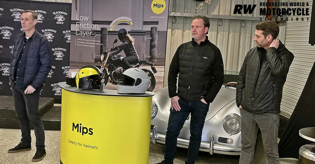 (From left) Mips Chief Executive Officer Max Strandwitz, Moto Business Developer Patrick Erlandsson, and Head of Sales/Moto Johan Sauer at a company-sponsored symposium in Southern California. Photo by Michael Gougis.