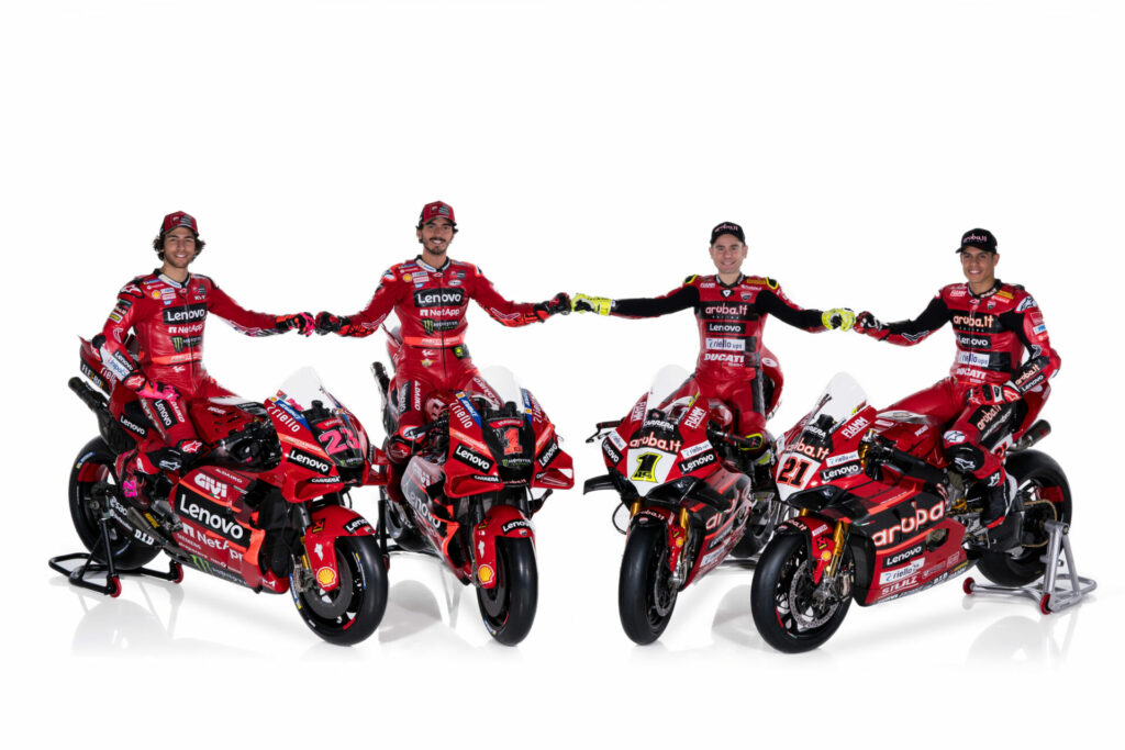 (From left) Michael Rinaldi, Alvaro Bautista, Francesco Bagnaia, and Enea Bastianini together with their Ducati racebikes in a photo studio ahead of the launch event. Photo courtesy Ducati.