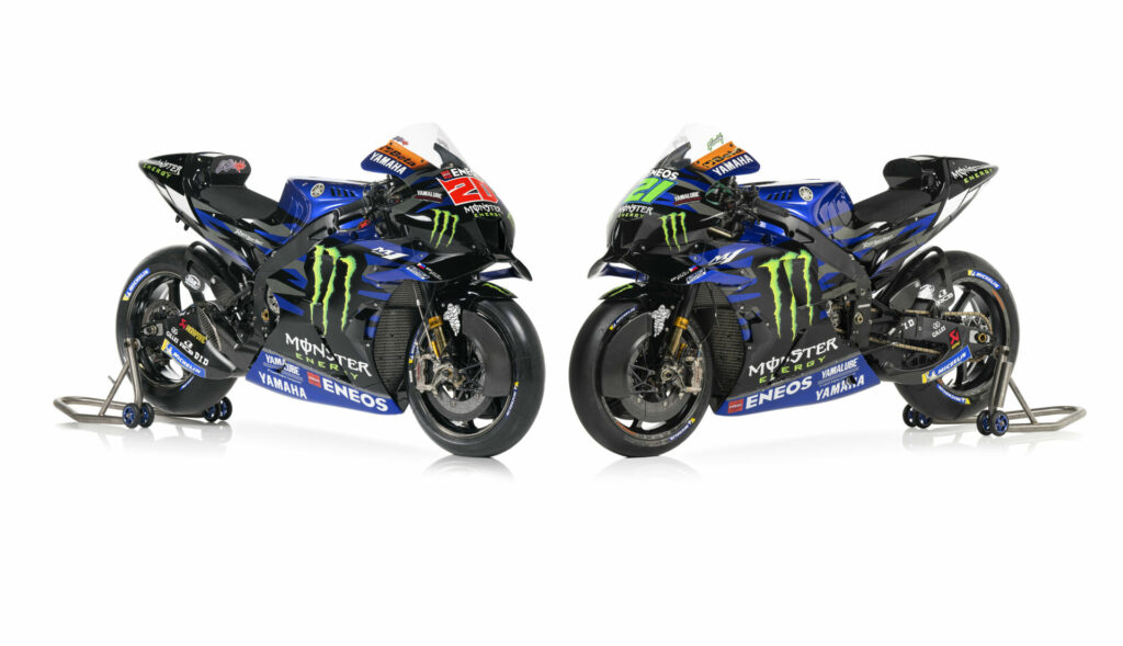 A studio image of the 2023 Monster Energy Yamaha YZR-M1s. Photo courtesy Monster Energy Yamaha.