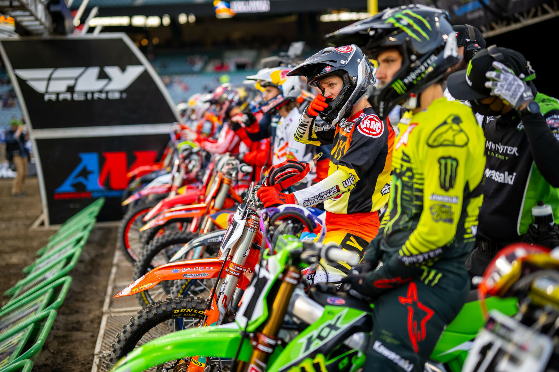 Riders at the start line at an AMA supercross event. Photo courtesy Feld Motor Sports.
