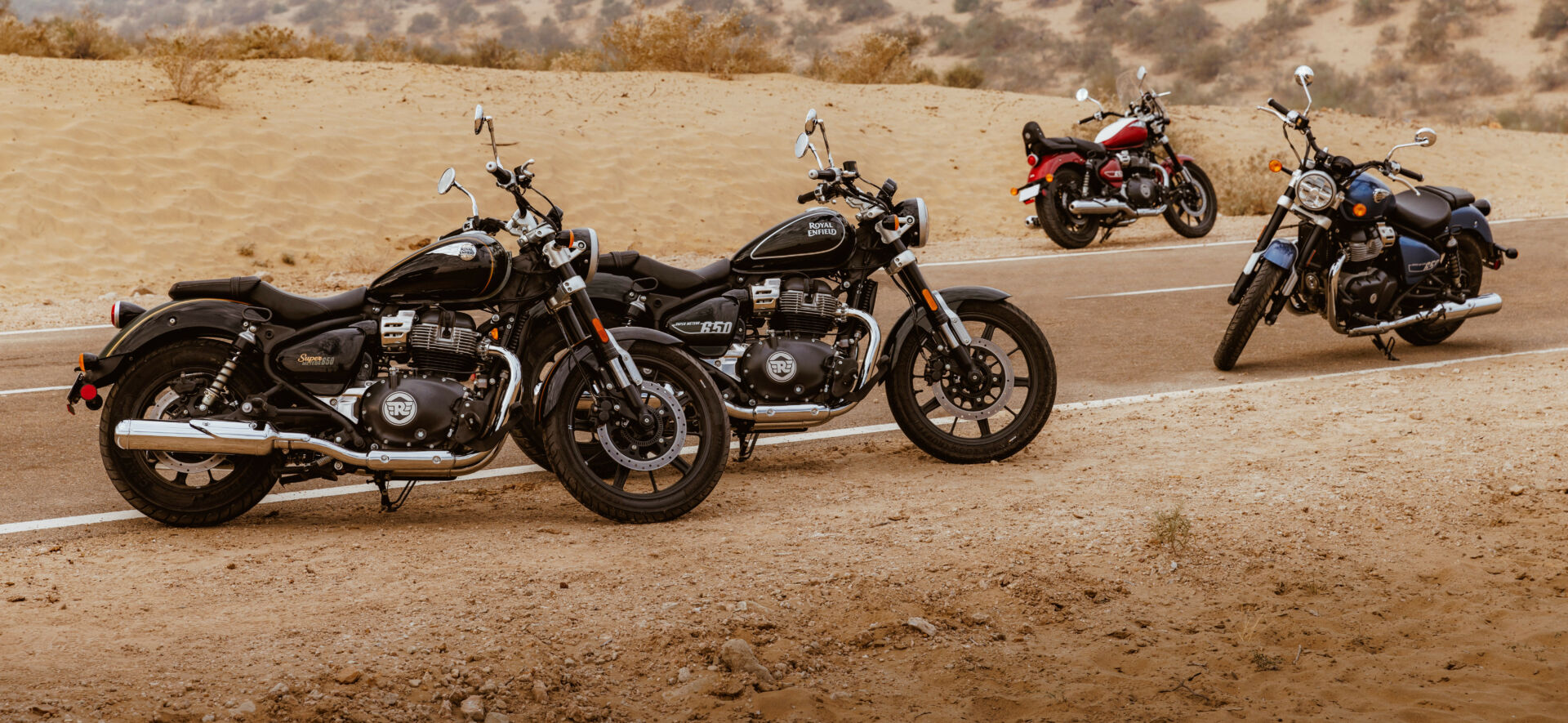 Four versions of Royal Enfield's new 2023 Super Meteor 650 middleweight cruiser. Photo courtesy Royal Enfield.